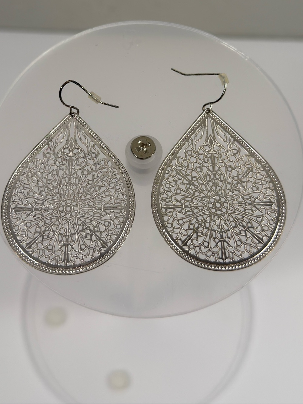Silver Tone Filigree Teardrop Dangle Earrings Boho Statement Jewelry